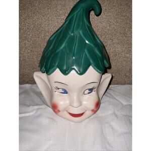 Vintage Elf Pixie MCM Head Cookie Jar with Green Hat 1950S